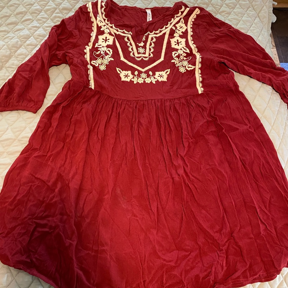 Red embroidered knee length dress